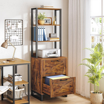 Wooden storage cabinet with glass panels in a home office setting
