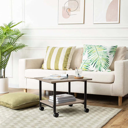 Modern living room with a beige sofa, decorative pillows, and a coffee table.