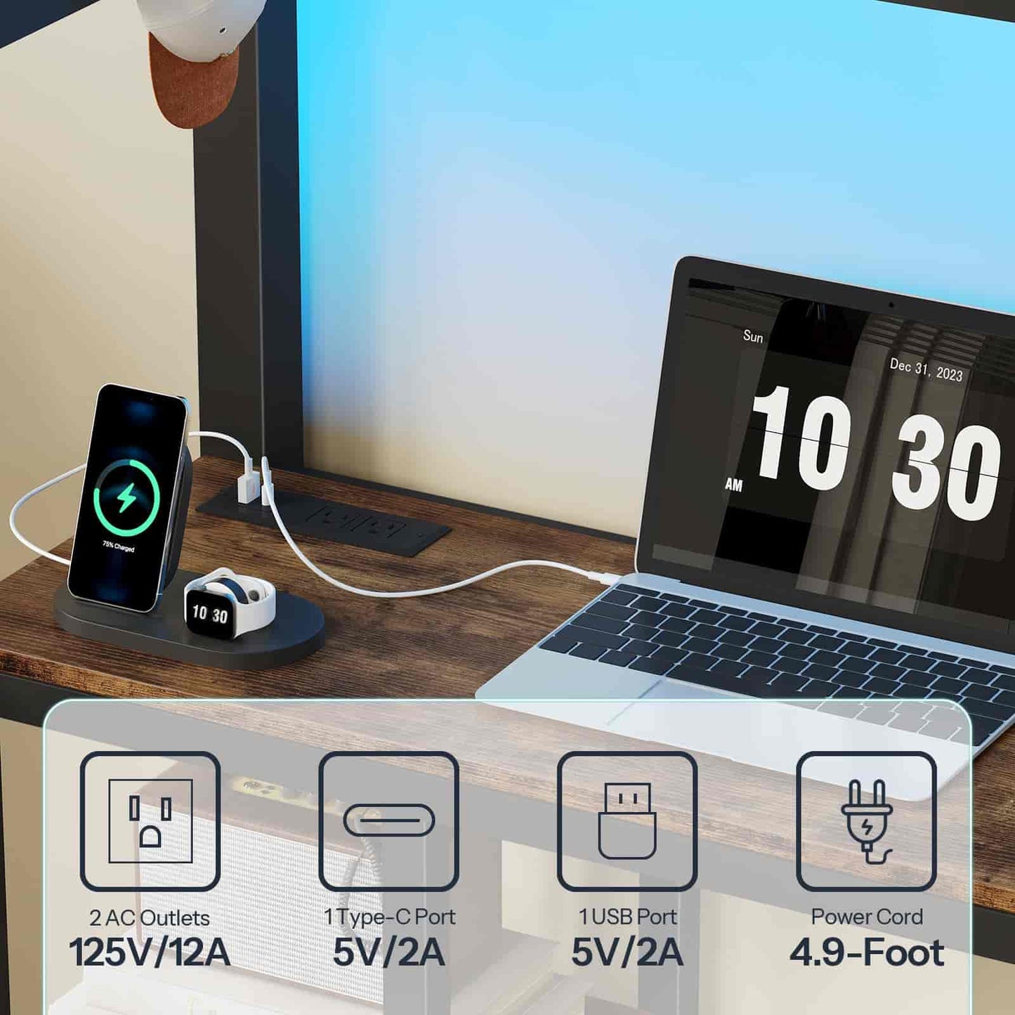 Laptop, phone, and earbuds charging on a desk with power outlet and cable display.