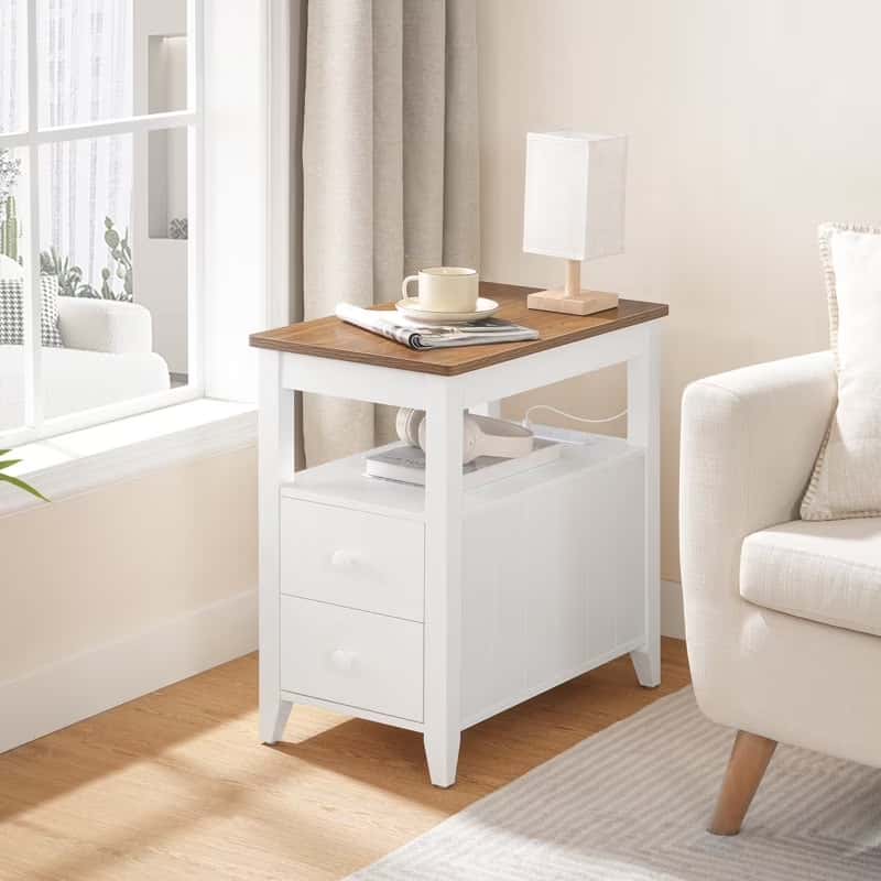 White side table with wooden top in a living room setting