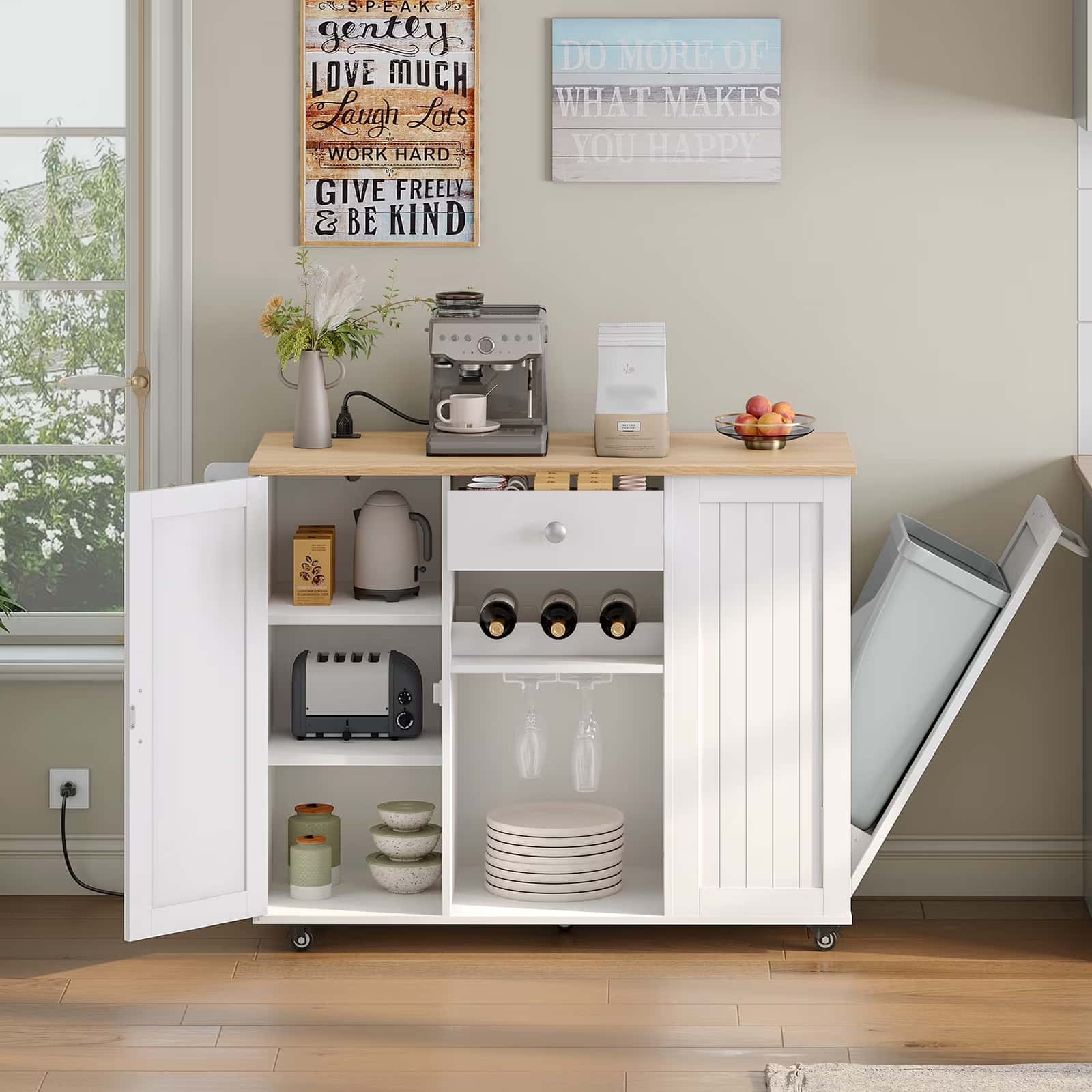 Kitchen island with storage shelves, appliances, and decor in a home setting.