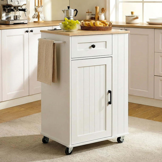 White kitchen island with a wooden top in a bright kitchen setting