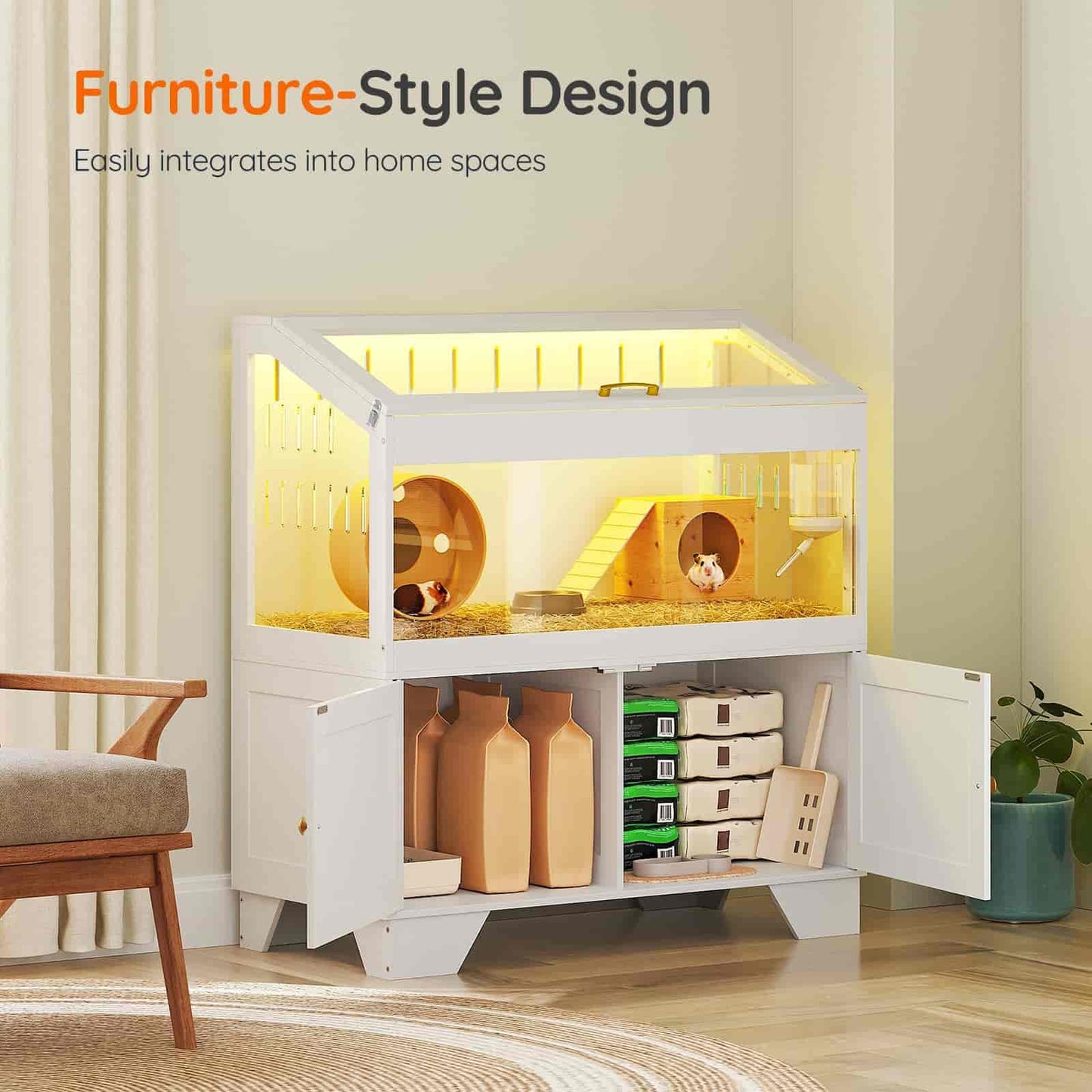 Pet cage with furniture-style design in a home setting