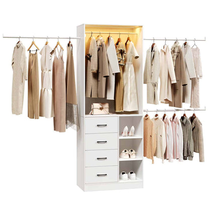 White wardrobe with clothes hanging on hangers and shoes on shelves.