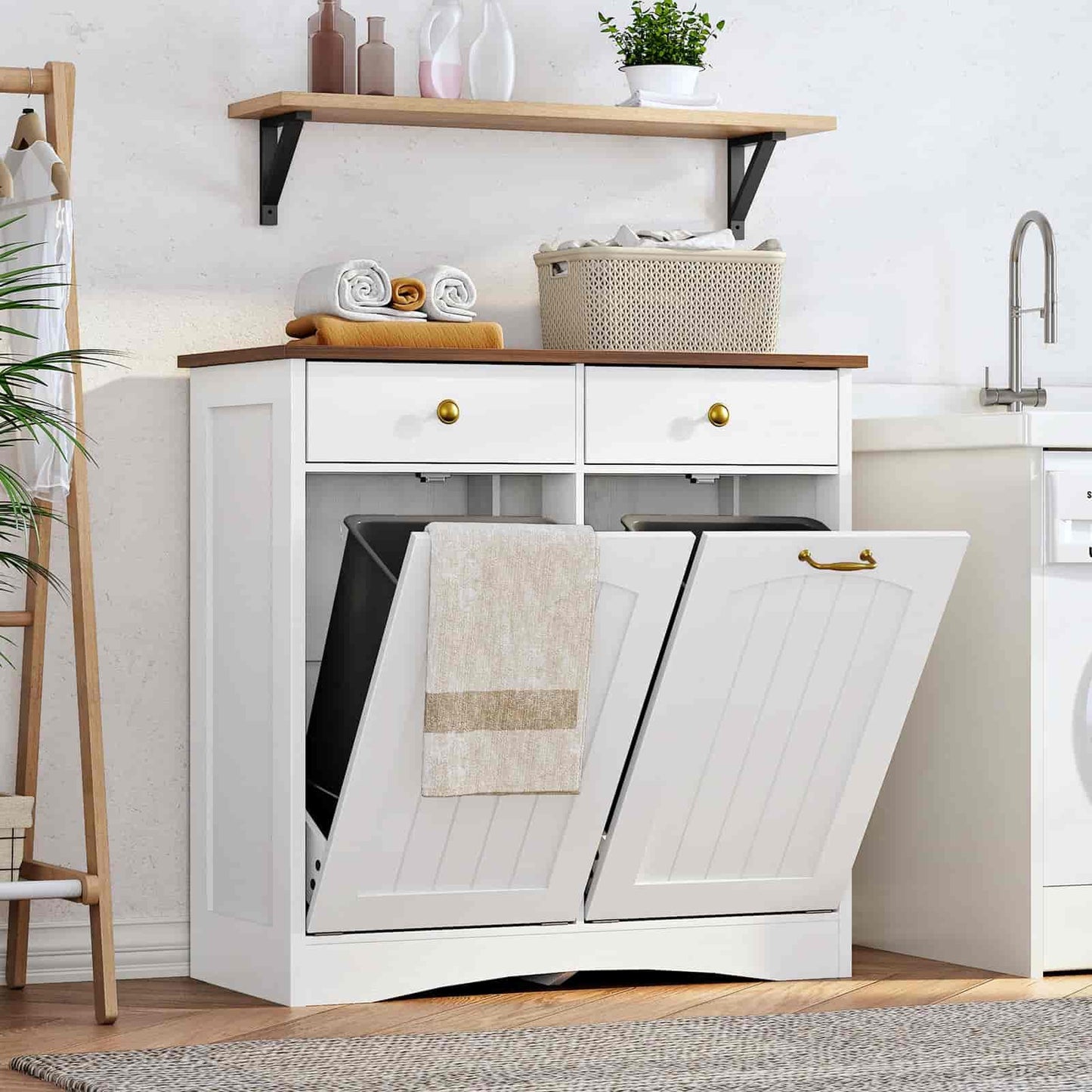 White laundry cabinet with open doors in a kitchen setting
