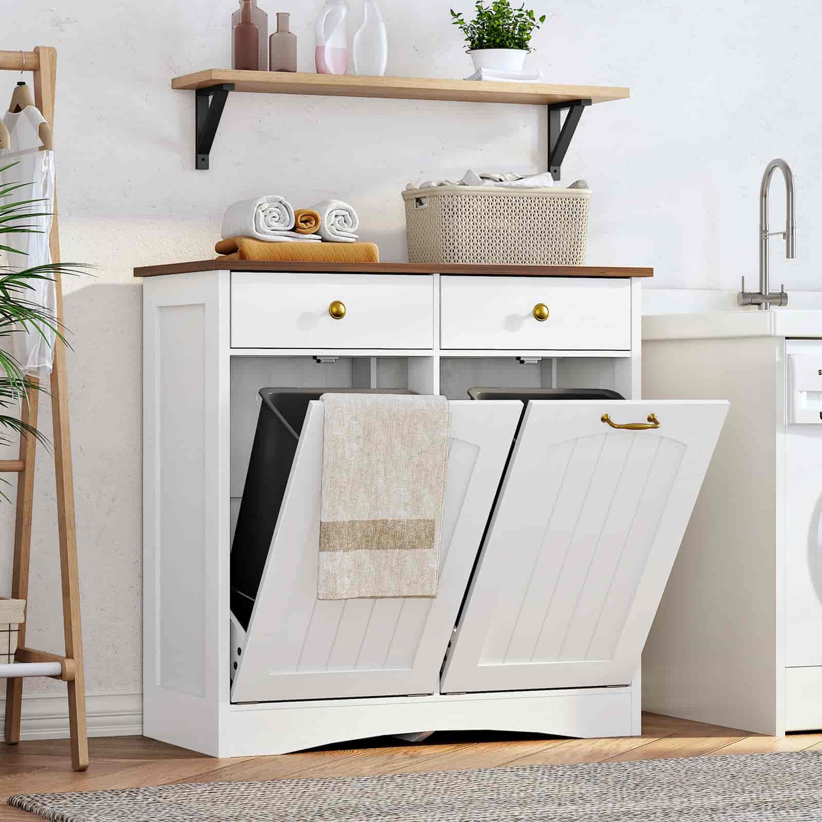 White laundry cabinet with open doors in a kitchen setting