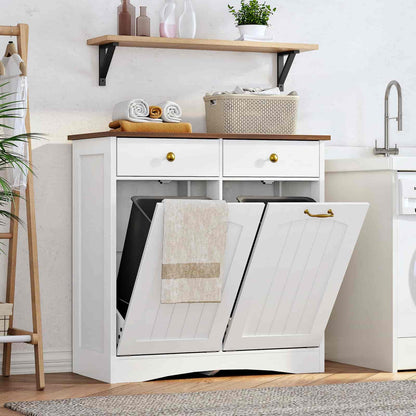 White laundry cabinet with open doors in a kitchen setting
