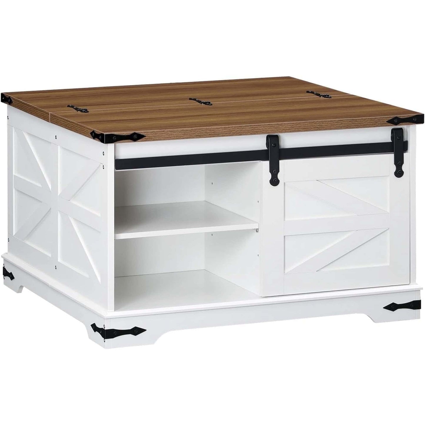 White storage bench with wooden top on a white background