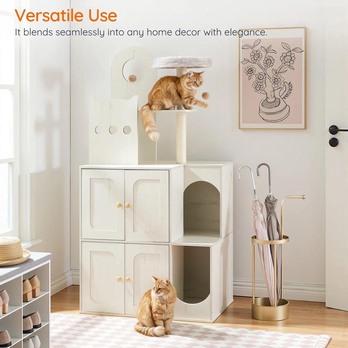 White pet furniture with a cat on top, surrounded by decor items in a room.