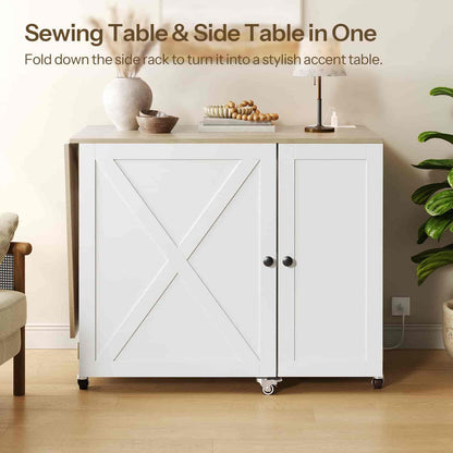 White sewing table with side rack in a room setting