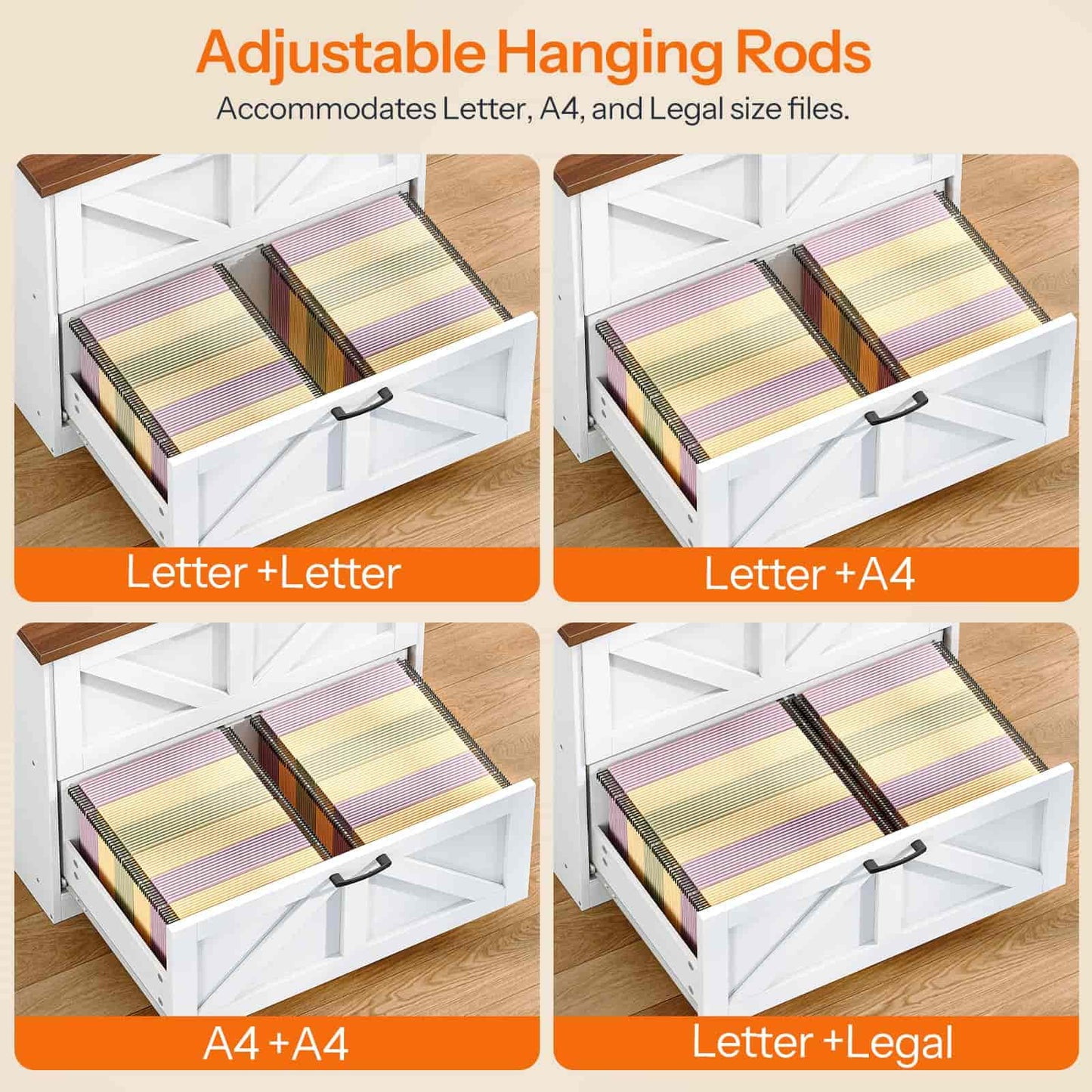 White file cabinet with adjustable hanging rods for different size files on a wooden floor.