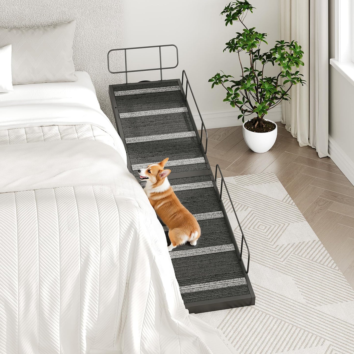 Dog using a set of pet stairs to climb onto a bed in a bedroom setting.