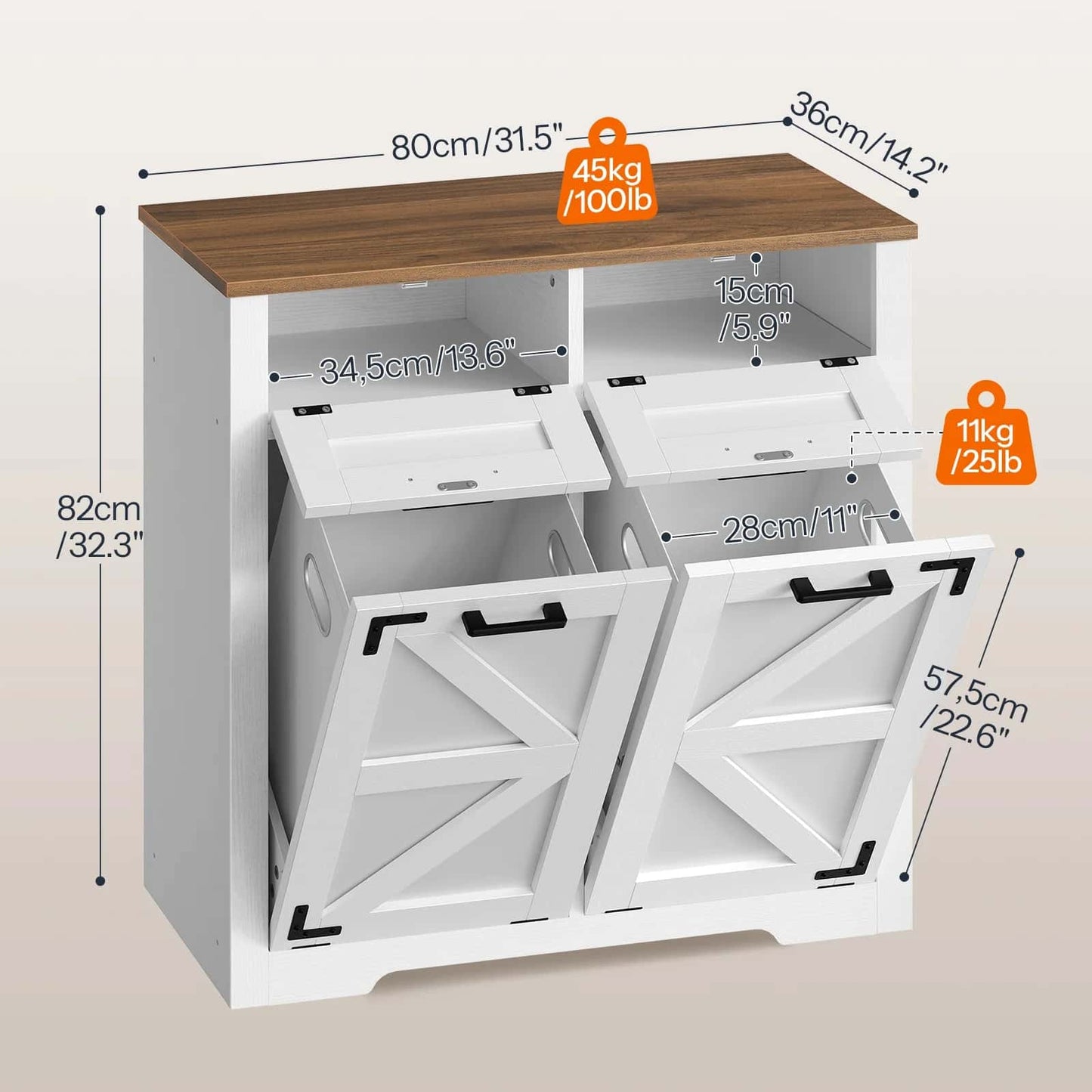 White cabinet with wooden top and dimensions displayed