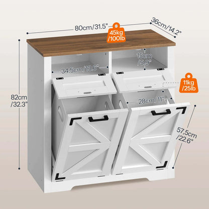 White cabinet with wooden top and dimensions displayed