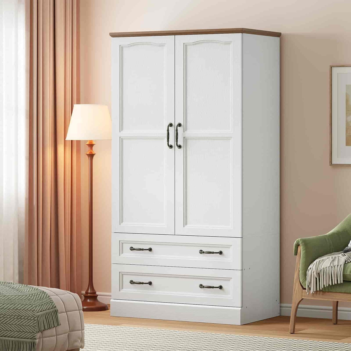 White wardrobe with wooden top in a bedroom setting