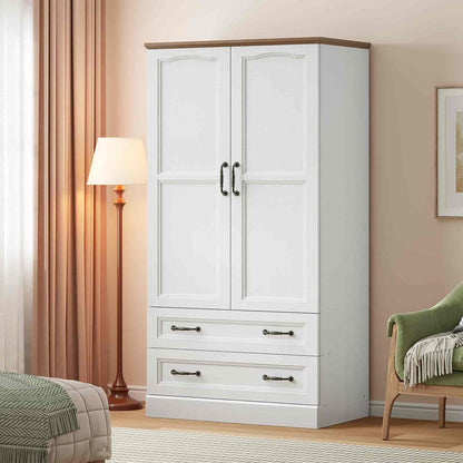 White wardrobe with wooden top in a bedroom setting