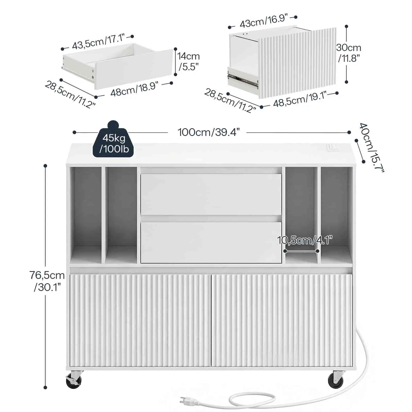 White metal cart with dimensions labeled on a white background