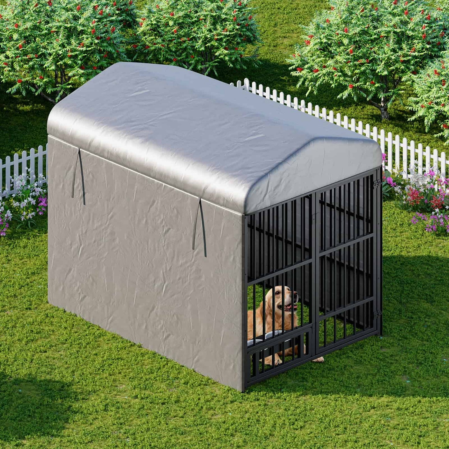 HOOBRO Outdoor Heavy-Duty Large Dog Kennel with Waterproof Cover & Rotating Feeding Bowls