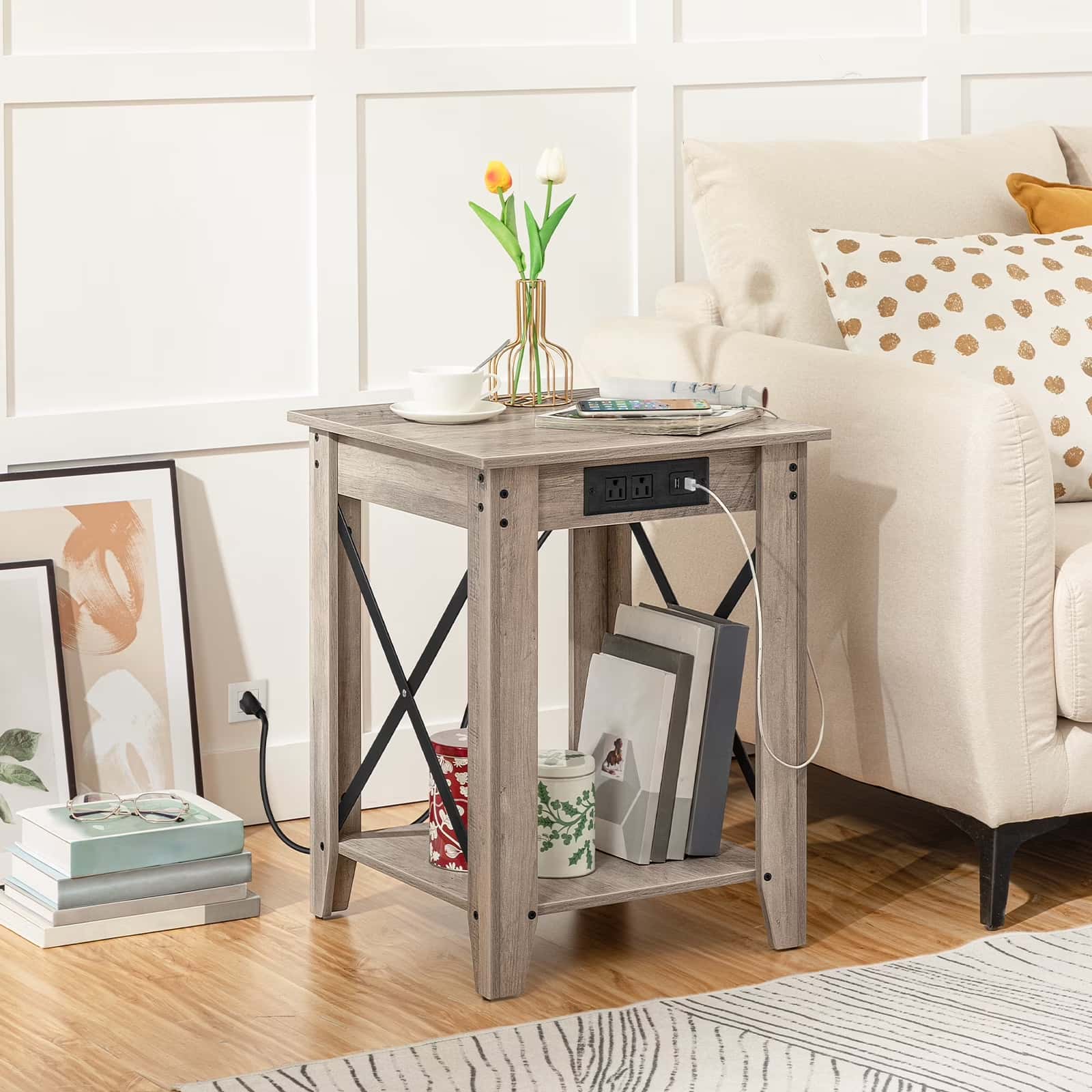 Wooden side table with decorative items in a living room setting