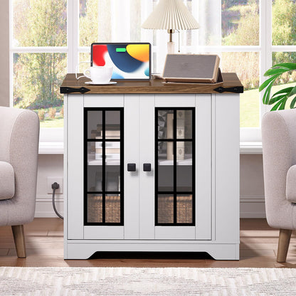 White cabinet with glass doors in a room with chairs and a laptop on top