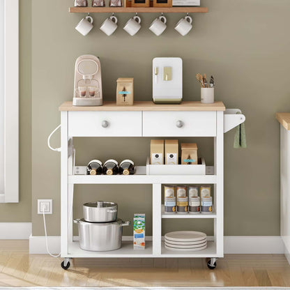 White kitchen cart with various items against a green wall