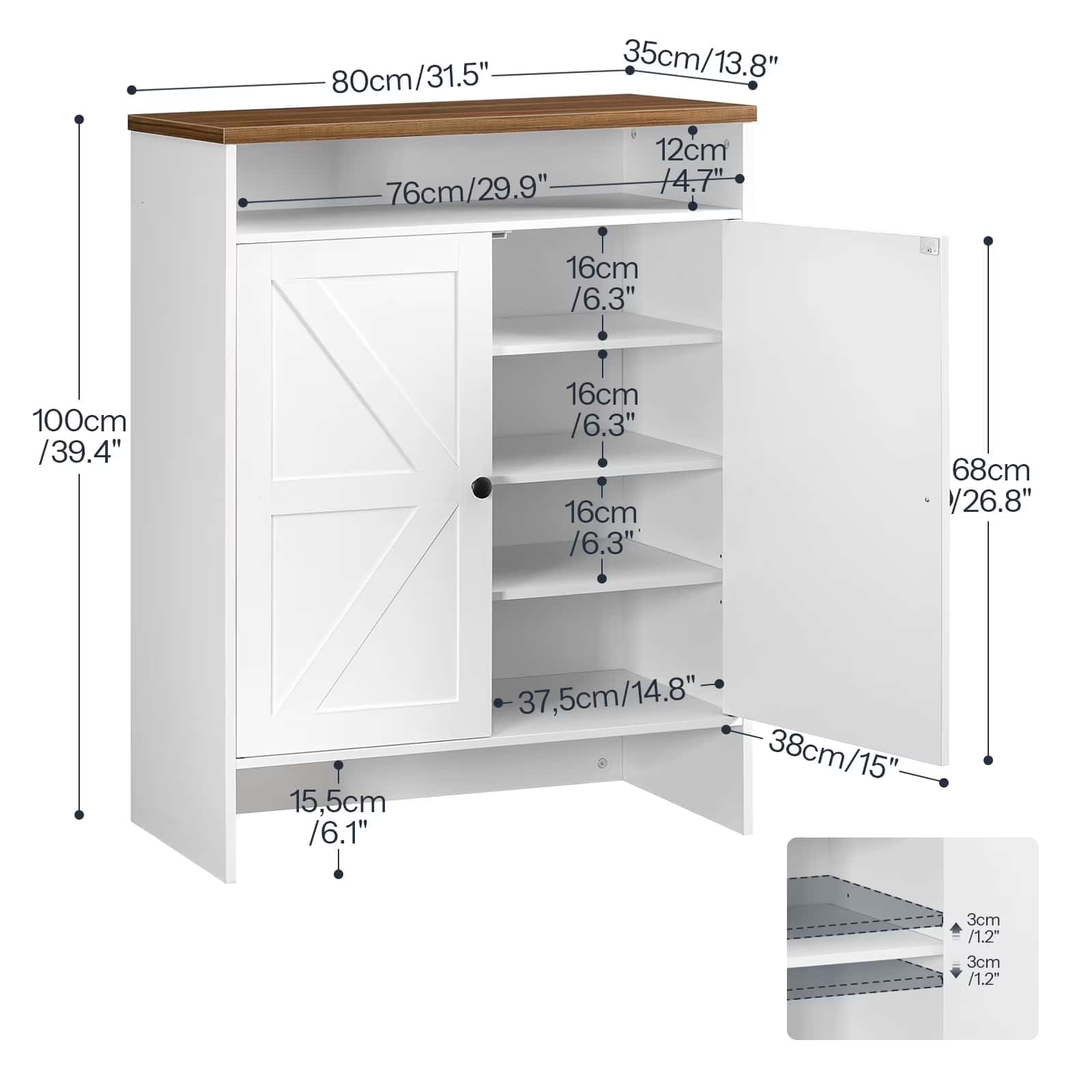 White cabinet with dimensions labeled on a white background