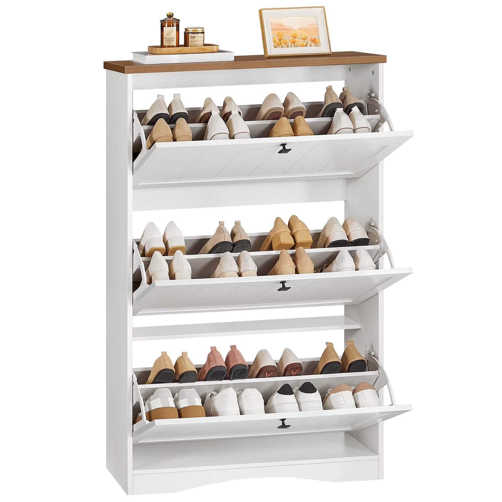 White shoe rack with multiple shelves filled with shoes on a white background