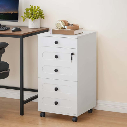 White filing cabinet with drawers next to a desk in an office setting