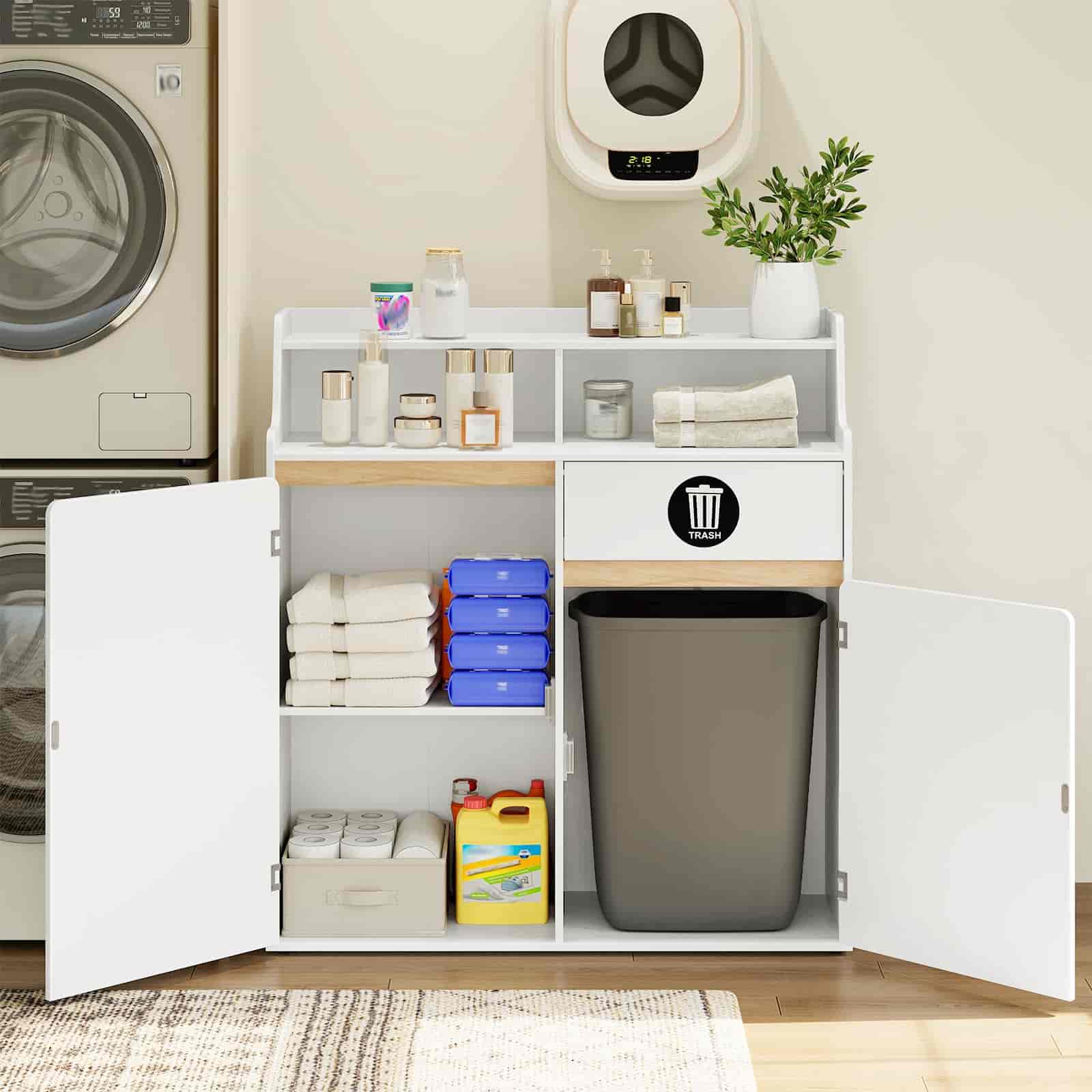 White laundry room storage cabinet with shelves and a trash bin next to a washing machine.