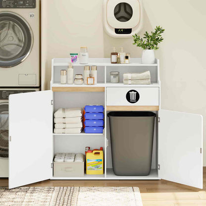White laundry room storage cabinet with shelves and a trash bin next to a washing machine.