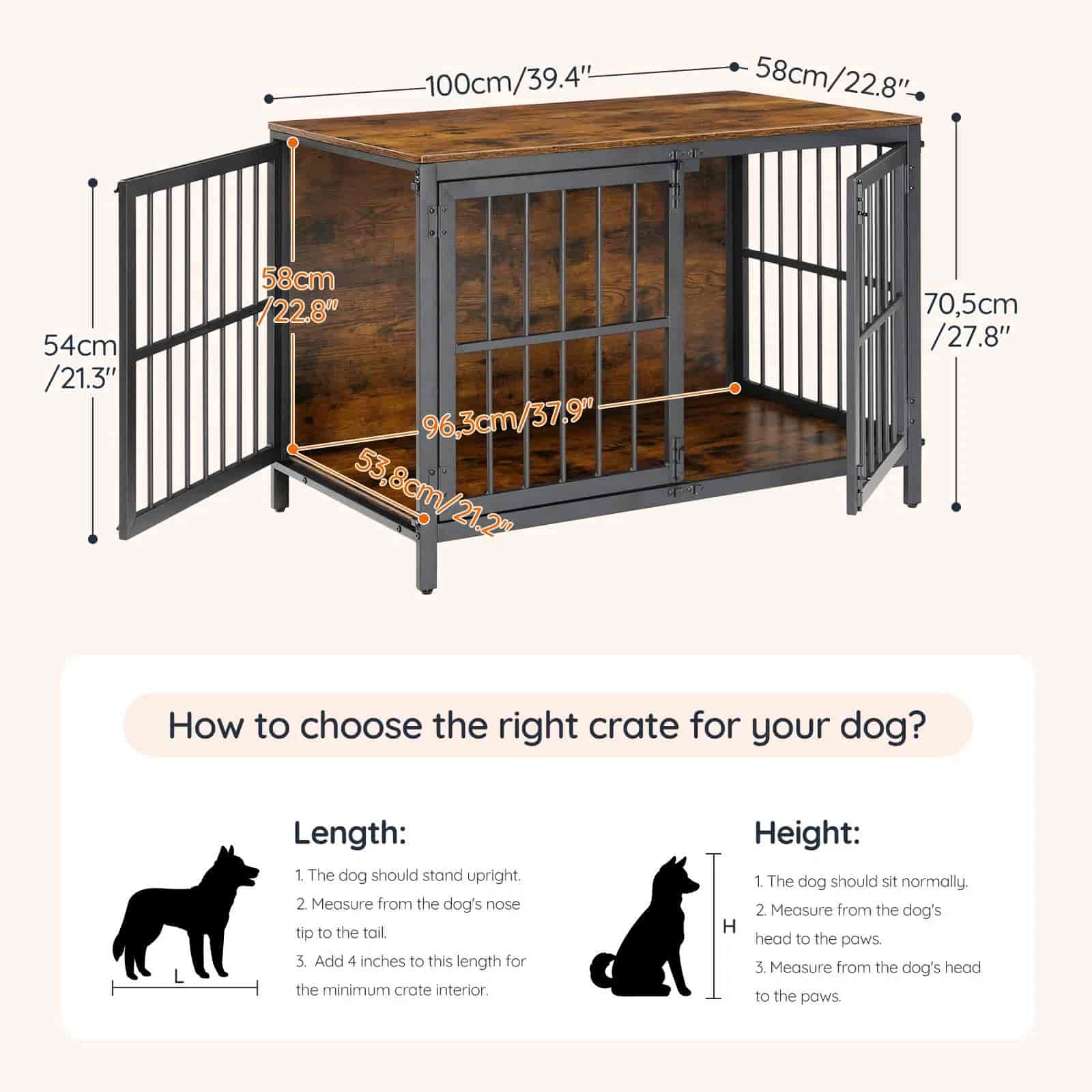 Dog crate with dimensions and instructions on how to choose the right size for a dog.