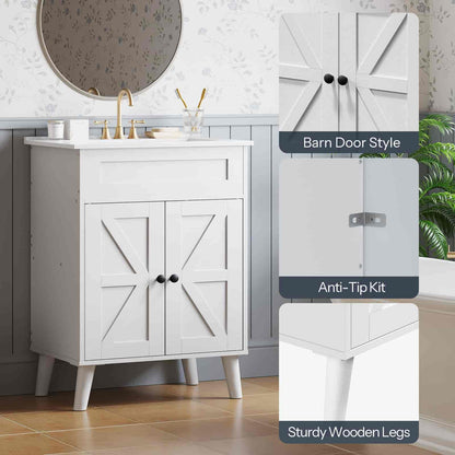 White bathroom vanity with barn door style doors and sturdy wooden legs, shown in a bathroom setting.