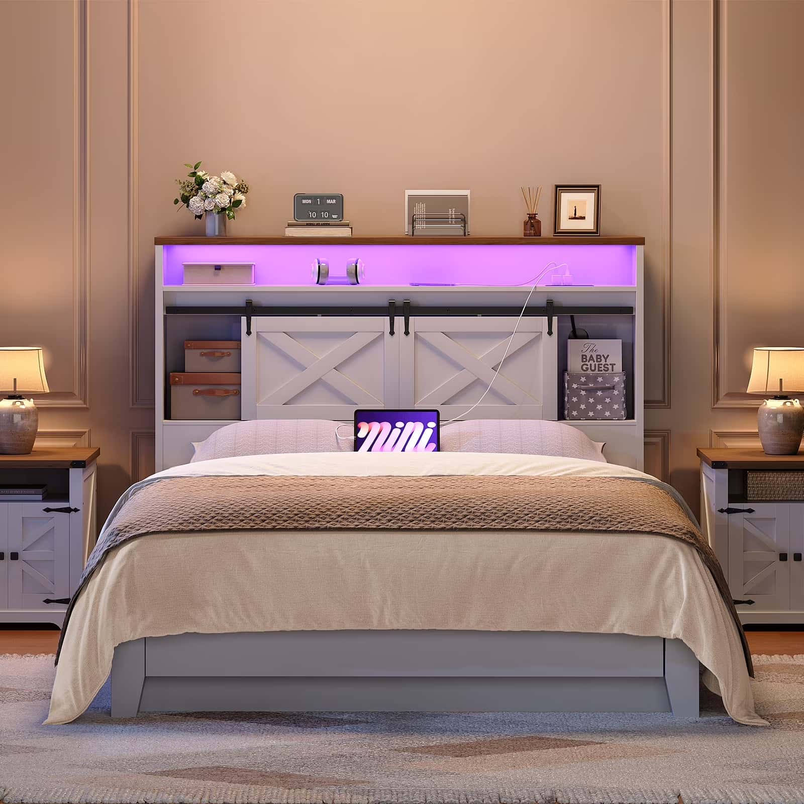 Modern bedroom setup with a bed, nightstands, and decorative items.