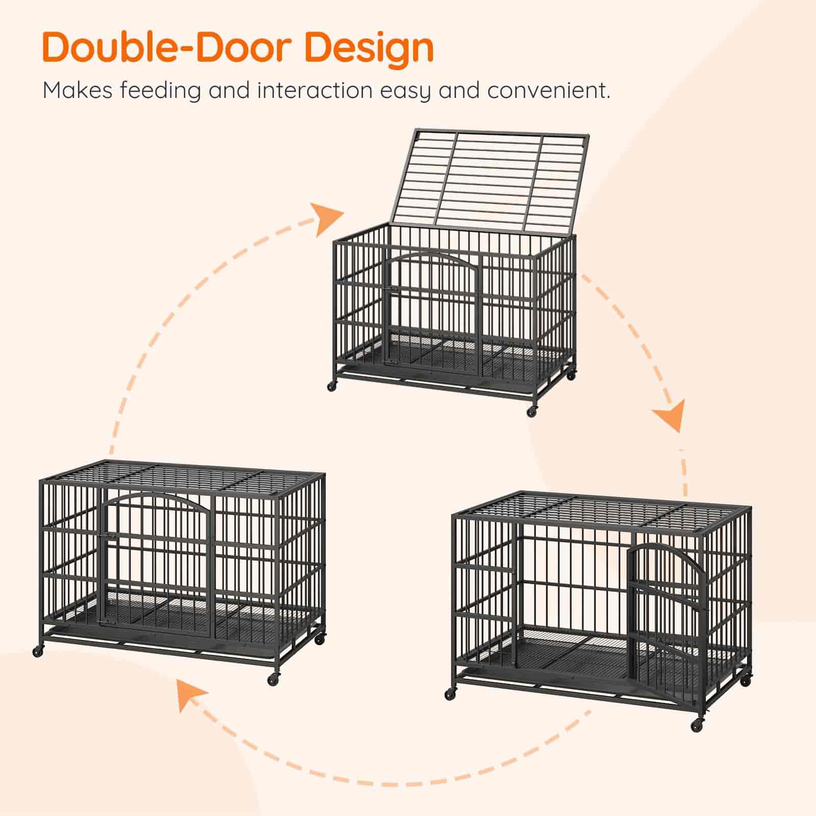 Black metal pet crates with double-door design on a beige background