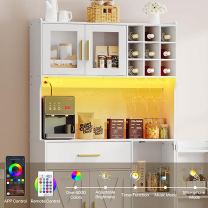 White kitchen cabinet with coffee maker and food items, featuring colorful display and control options.