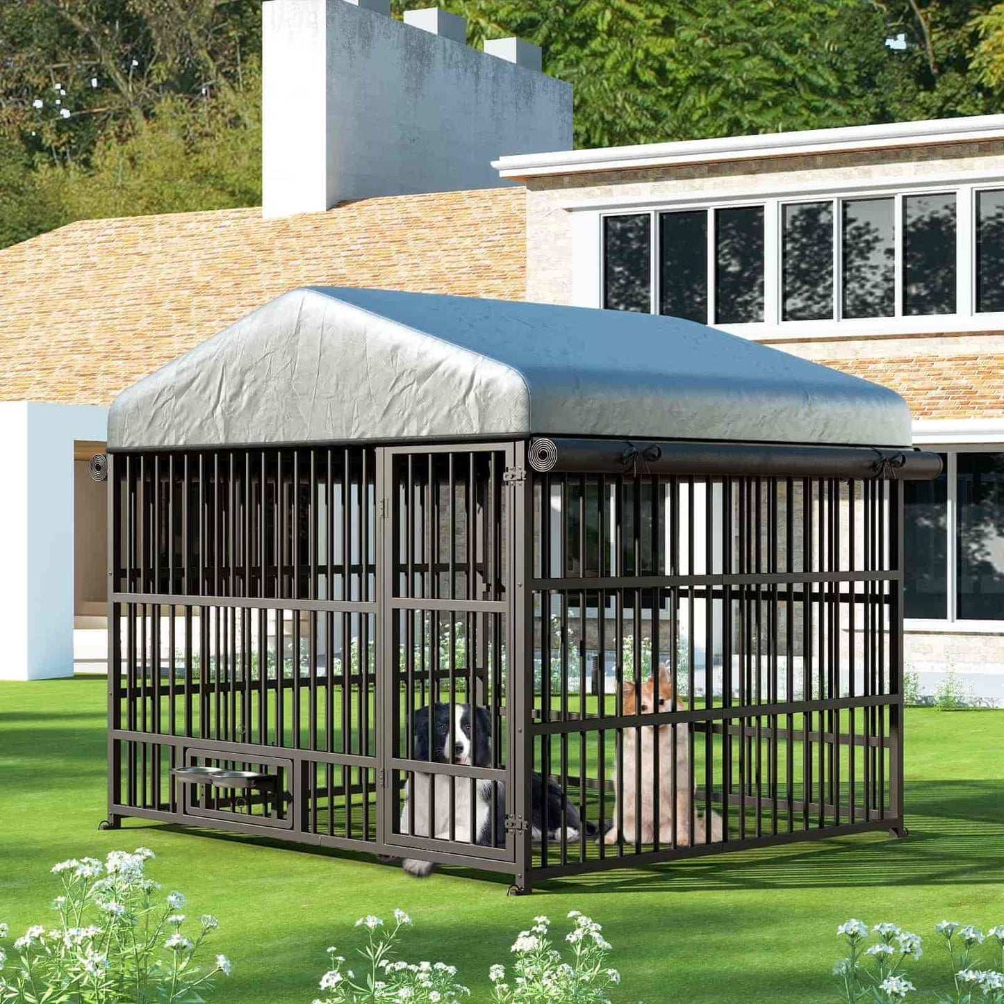 Large metal dog crate with a cover on a grassy area in front of a building