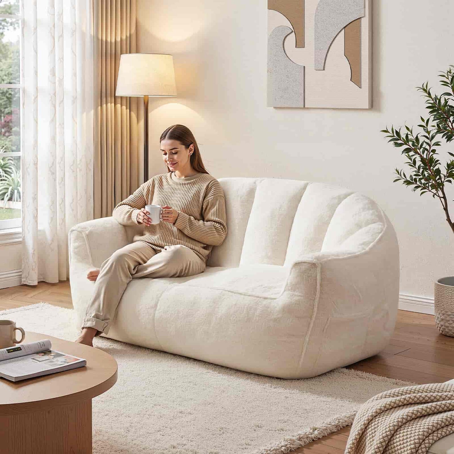 Woman sitting on a white bean bag chair in a cozy living room.