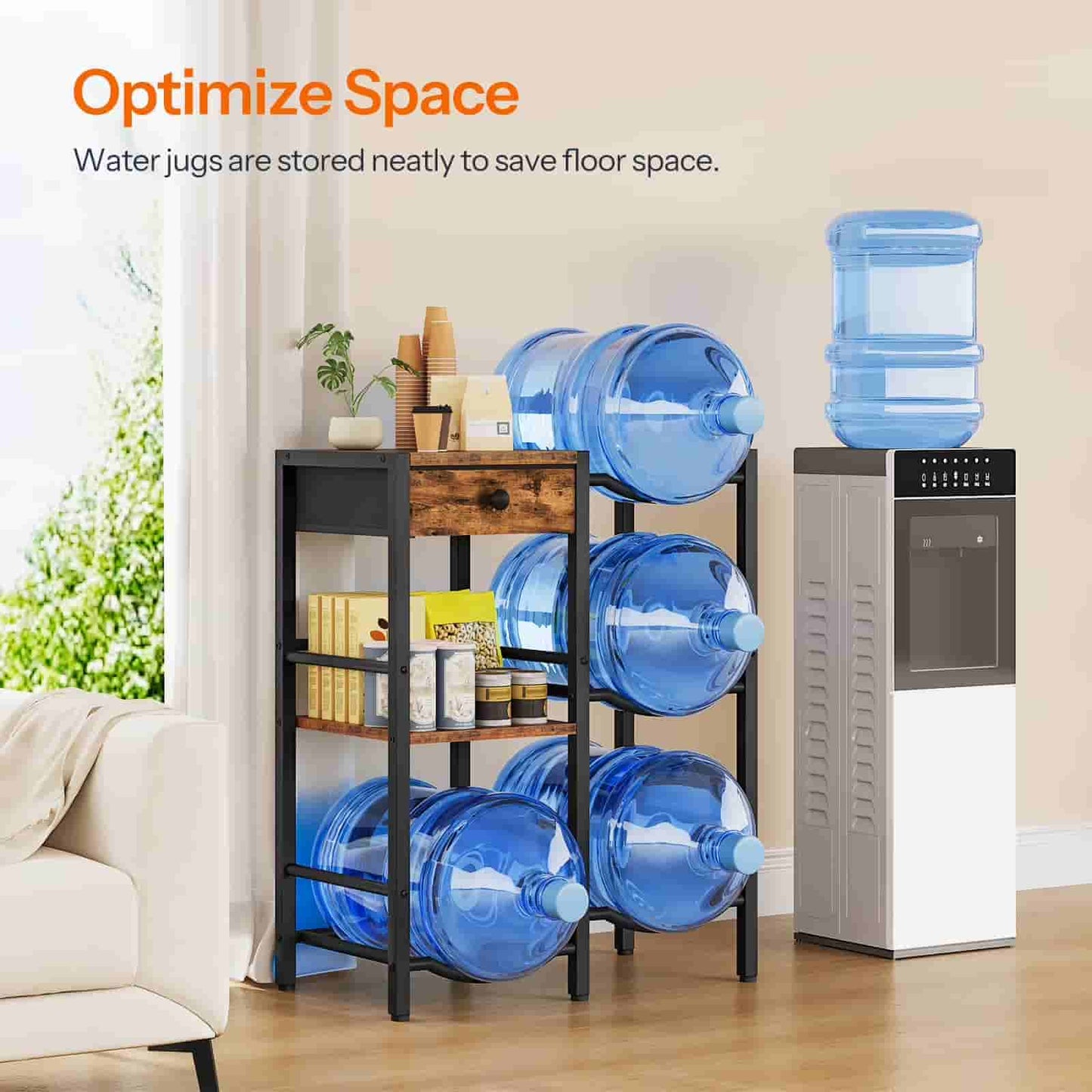 Blue water jugs stored on a black metal rack in a room with a couch and window.