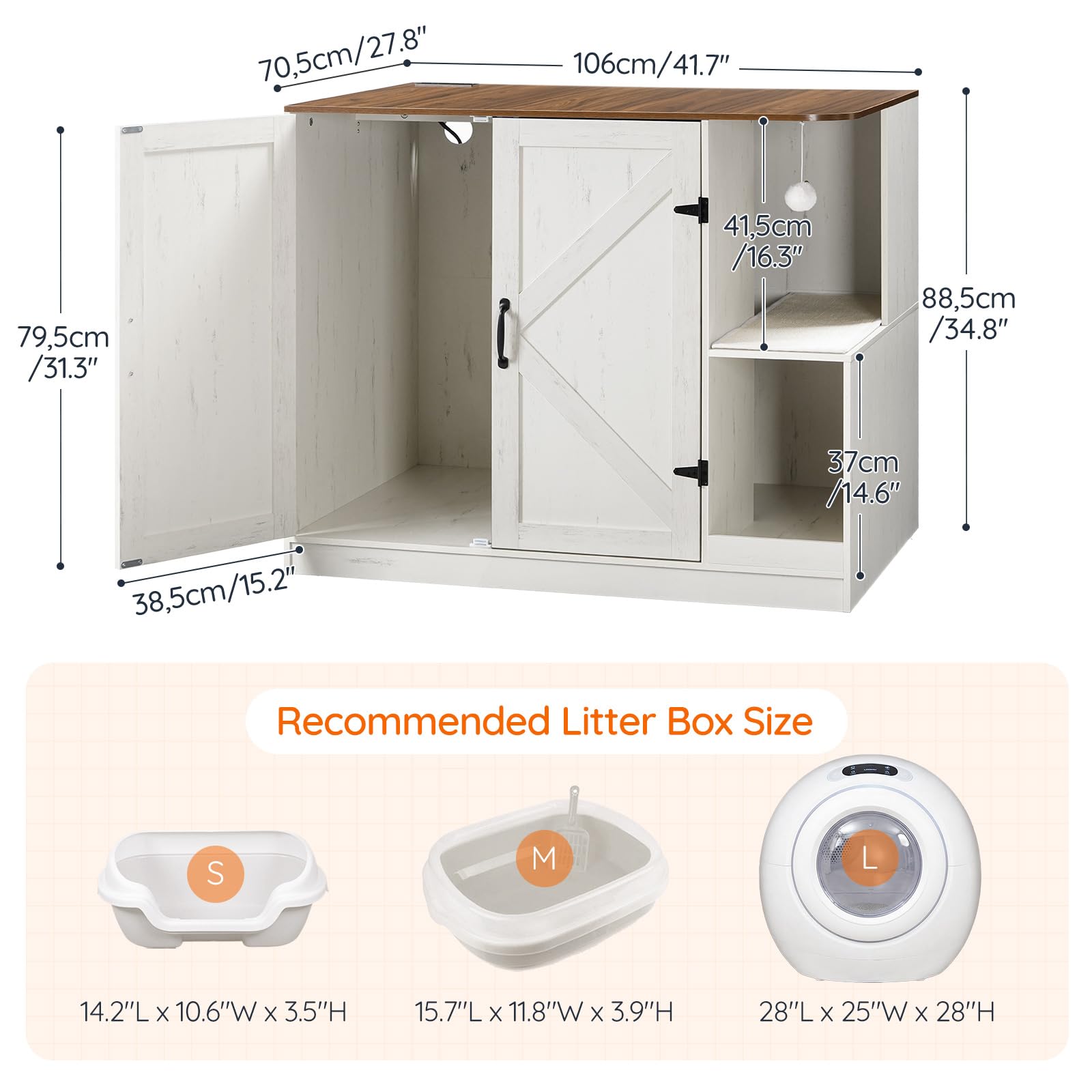Dimensions of a white pet cage with wooden top, featuring measurements in centimeters and inches.