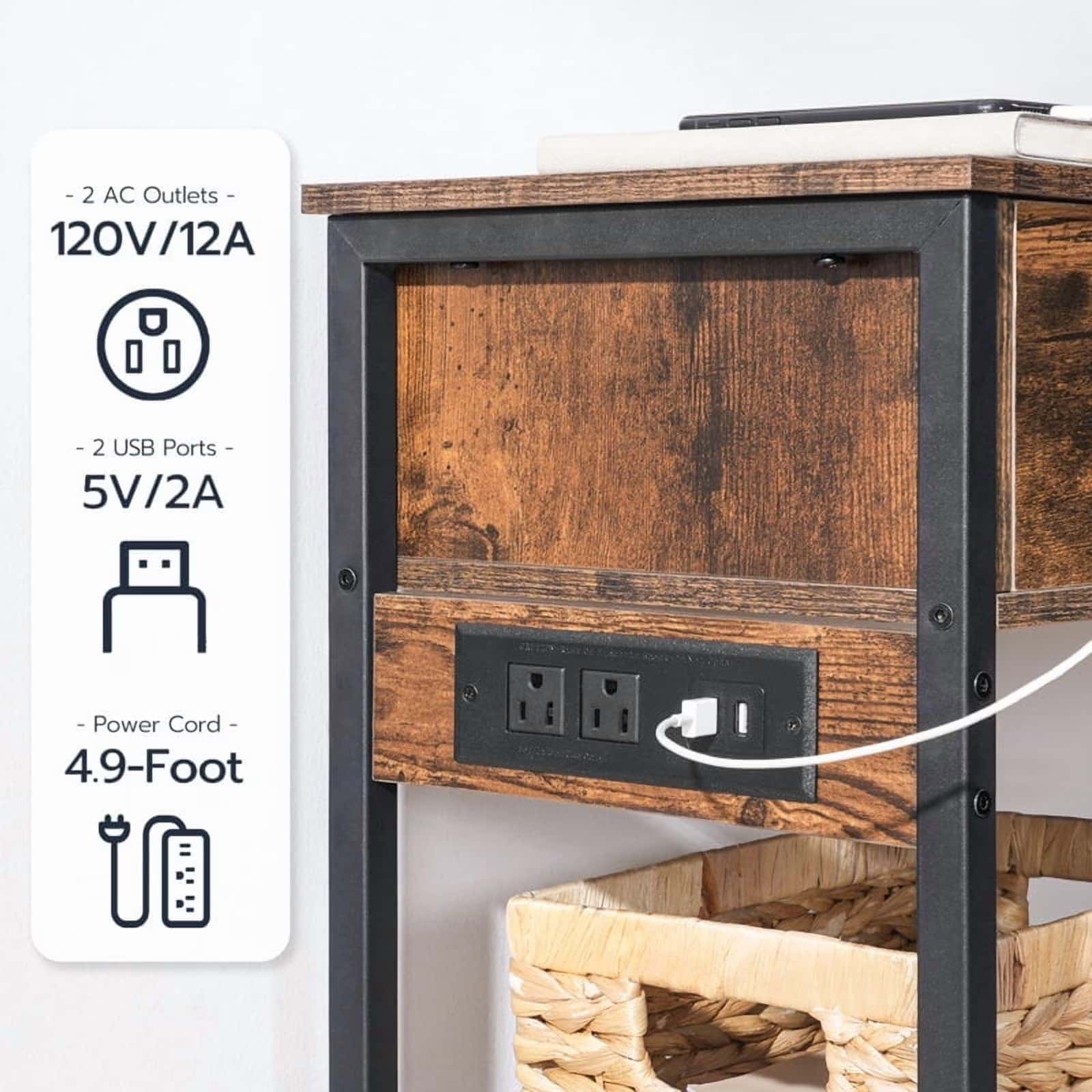 Wooden nightstand with power outlets and USB ports, featuring a label with electrical specifications.