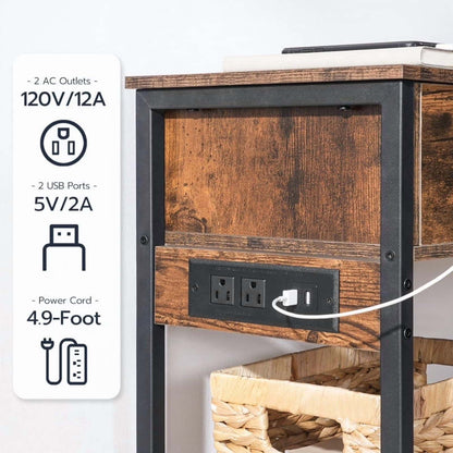 Wooden nightstand with power outlets and USB ports, featuring a label with electrical specifications.