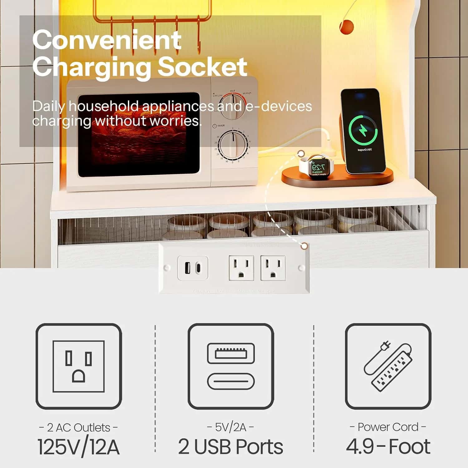 Charging socket with appliances and a smartphone on a kitchen counter, featuring text about convenience.