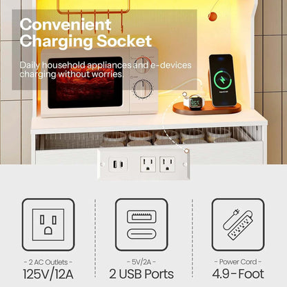 Charging socket with appliances and a smartphone on a kitchen counter, featuring text about convenience.
