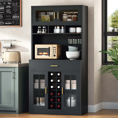 Dark gray storage cabinet with shelves, microwave, and wine rack in a kitchen setting.