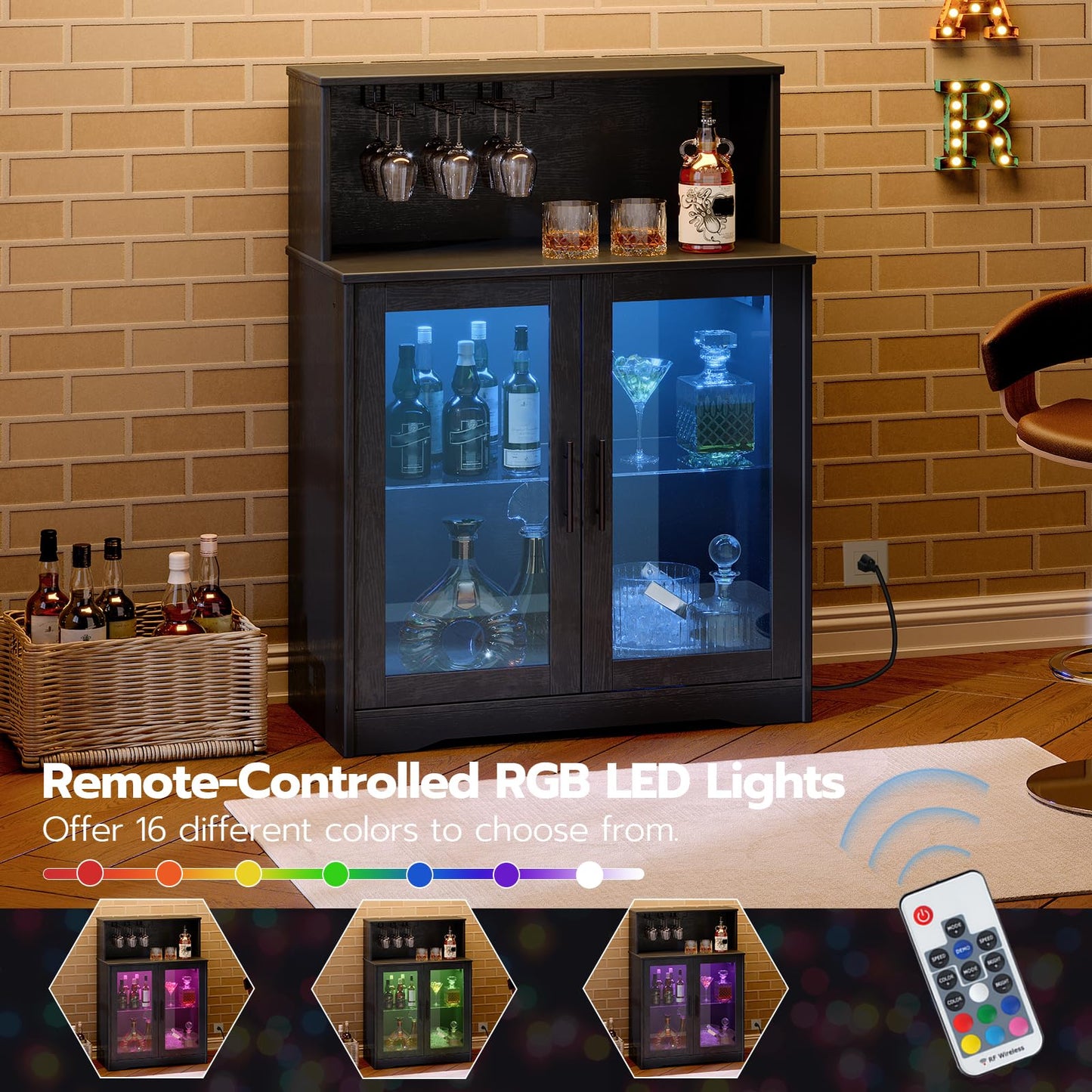 Black bar cabinet with LED lights and remote control in a room setting.