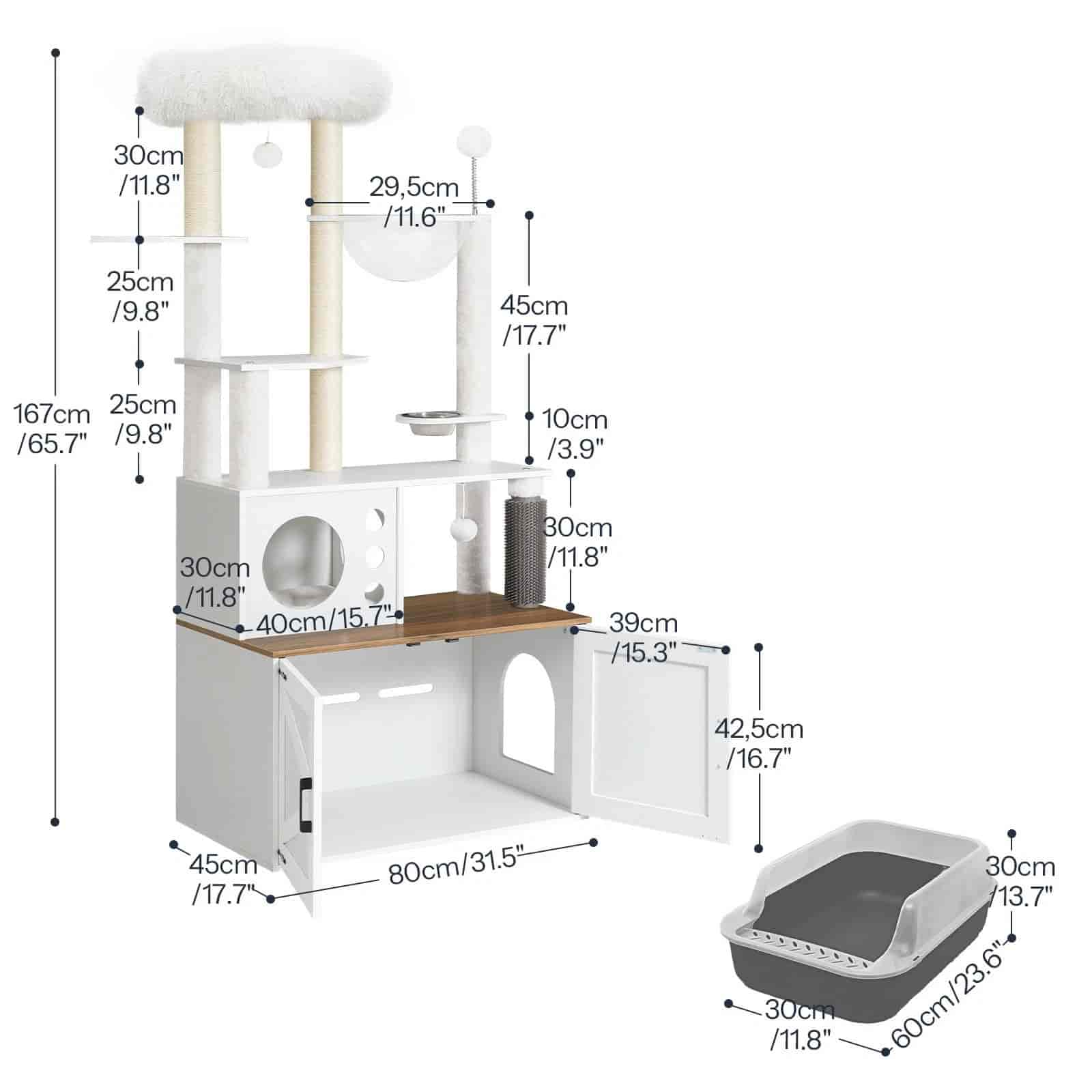 Dimensions of a multi-level cat tree with various features and a litter box on a white background.