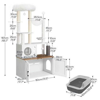 Dimensions of a multi-level cat tree with various features and a litter box on a white background.