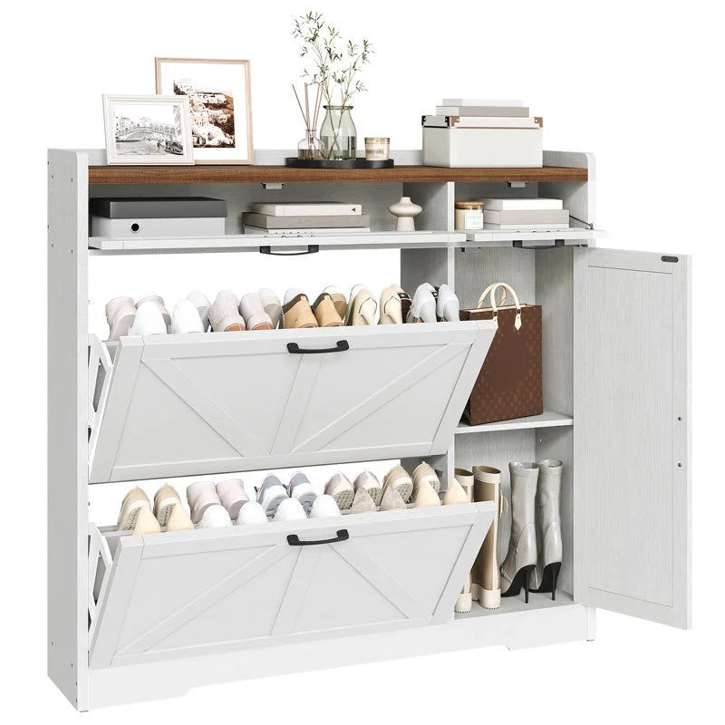 White shoe cabinet with open doors displaying shoes and a small table above on a white background