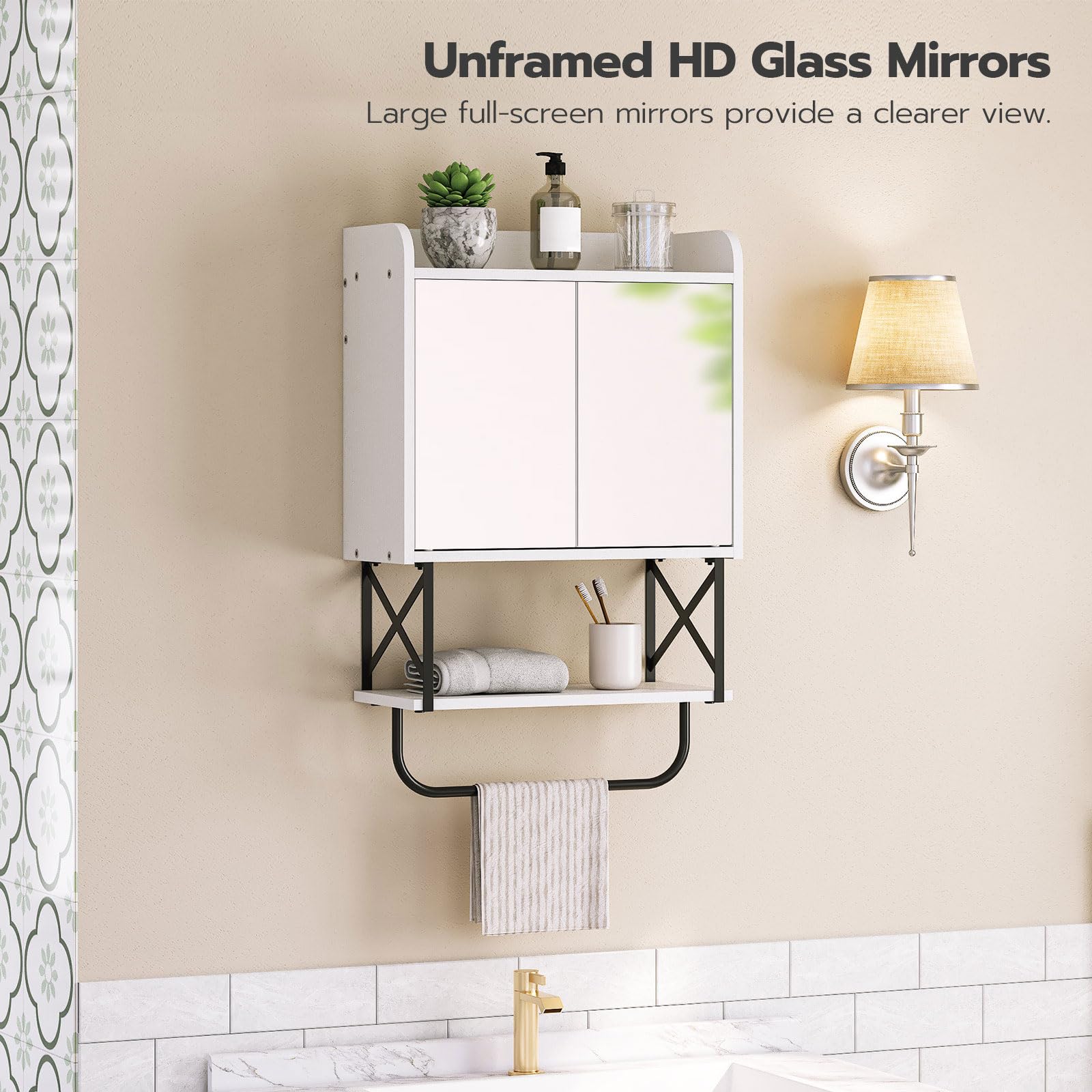 Bathroom with wall-mounted cabinet and mirror, featuring text about unframed HD glass mirrors.
