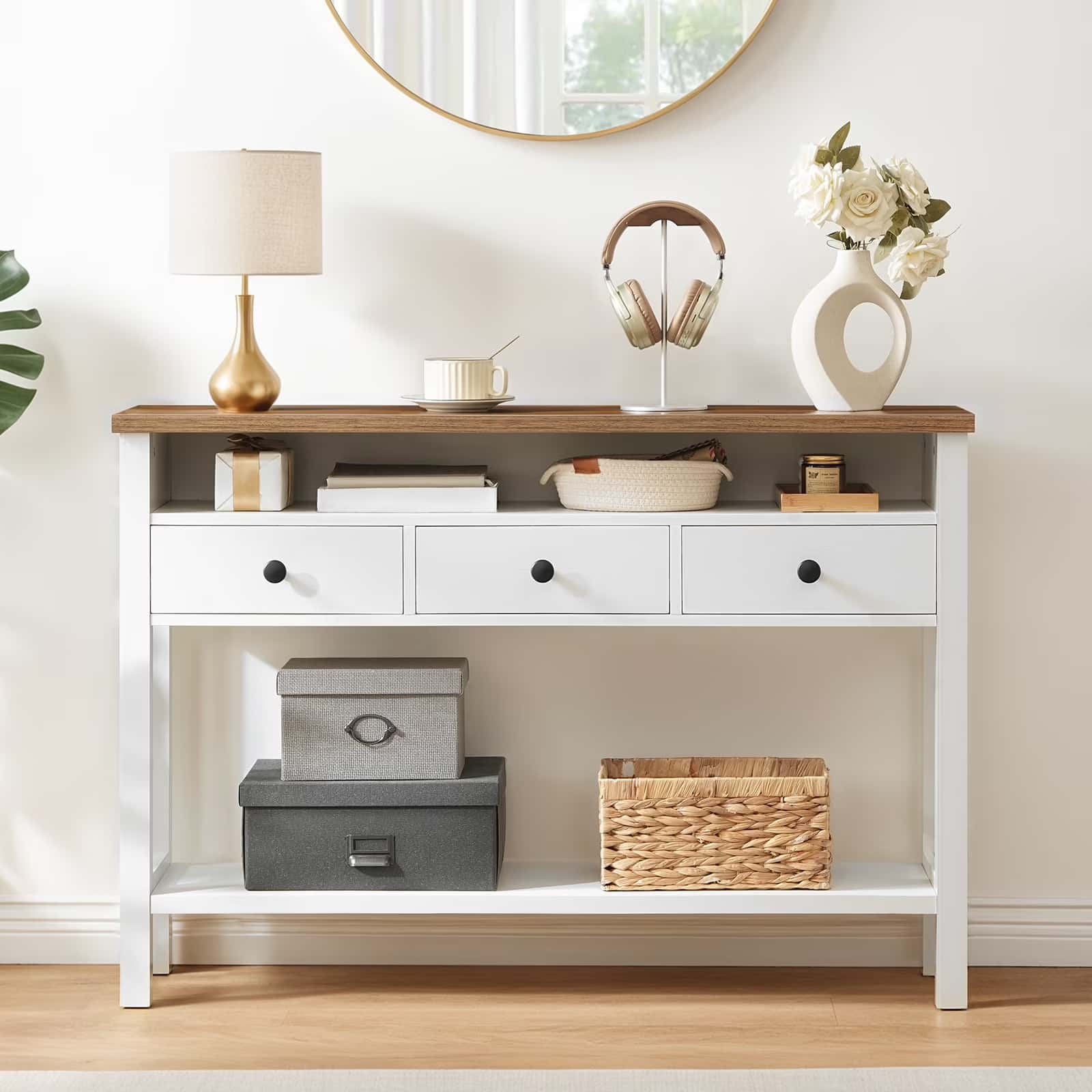 Console table with decorative items in a room setting